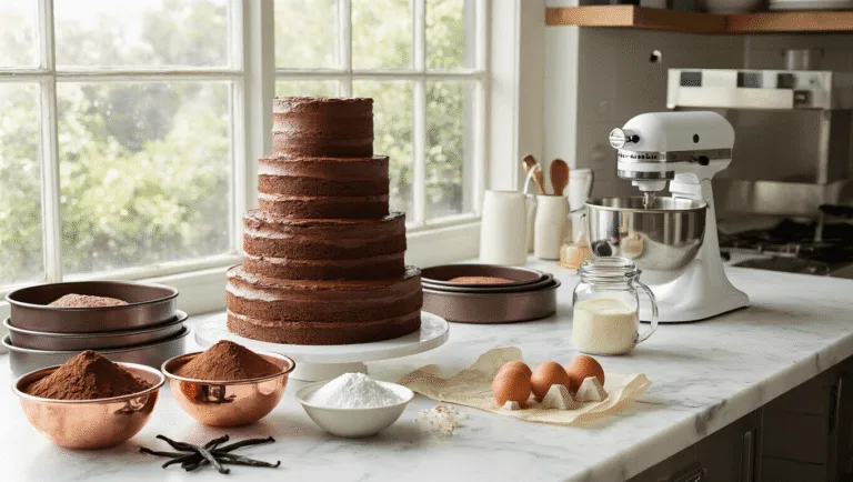 CHOCOLATE WEDDING CAKE: THE ULTIMATE SHOWSTOPPER DESSERT A well-lit professional kitchen scene featuring a white marble countertop with baking ingredients for a luxurious chocolate wedding cake, including a KitchenAid mixer, measured ingredients in copper and glass containers, and assorted cake pans; an artisanal coffee cup adds atmosphere, with warm earth tones and soft shadows enhancing the rich textures.