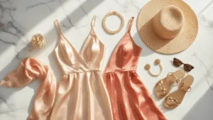 THE ULTIMATE HONEYMOON STYLE Luxury fashion flatlay on marble featuring blush and coral silk maxi dresses, metallic sandals, pearl earrings, a woven sun hat, gold jewelry, a silk scarf, and designer sunglasses, illuminated by soft natural light.