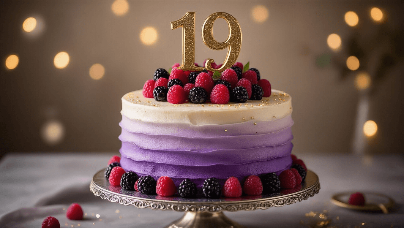 A luxurious two-tier birthday cake with gradient purple-to-lilac buttercream frosting, featuring a metallic gold "19" topper, cascading fresh raspberries and blackberries, delicate edible pearl dust and gold glitter accents, displayed on an ornate silver cake stand against a softly blurred warm background.