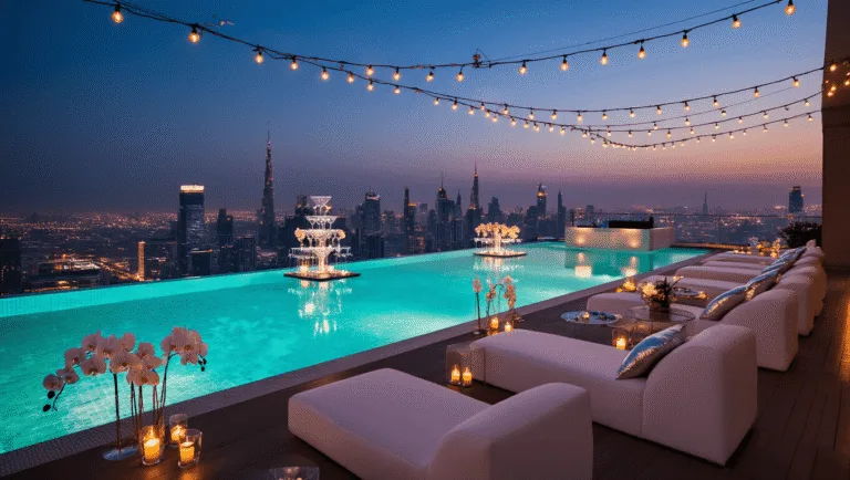 Stunning Night Pool Party: The Ultimate Guide to Creating Magical Evening Pool Vibes A luxurious rooftop infinity pool party at dusk, featuring illuminated turquoise water blending with the city skyline, adorned with floating orchids, candles, modern lounge furniture, and warm ambient lighting.