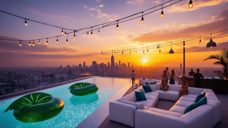 Ultimate Adult Pool Party: Your Complete Guide to Hosting an Unforgettable Bash Luxurious rooftop infinity pool party at sunset with vibrant city skyline, featuring floating acrylic bars, tropical inflatables, stylish guests, and ambient lighting.