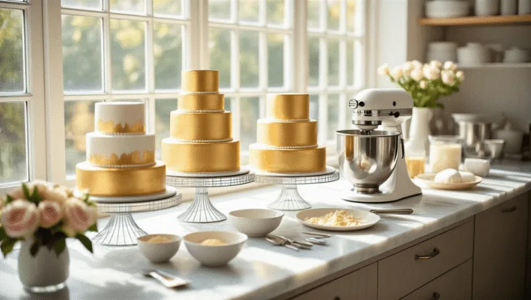 Dream Wedding Cake: The Ultimate Guide to Creating Your Perfect Celebration Centerpiece A bright and elegant bakery workspace showcasing a luxurious tiered wedding cake preparation, with golden cake tiers cooling on silver racks, a pearl white KitchenAid mixer, and organized ingredients in glass bowls, all illuminated by natural sunlight.
