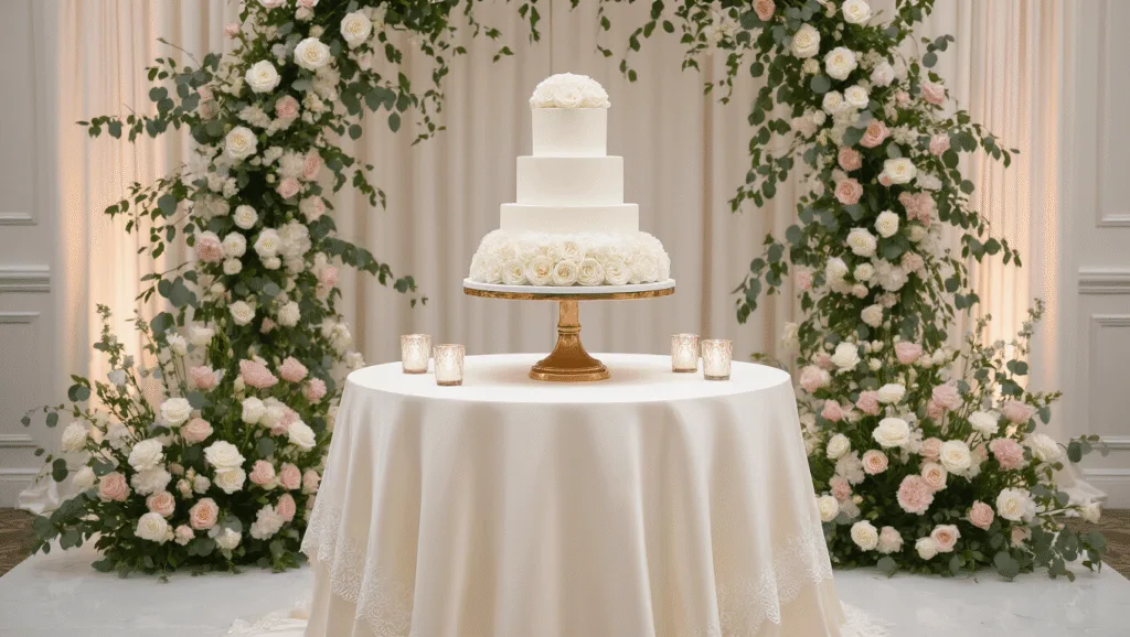 Wedding Cake Table: The Ultimate Design Guide for Unforgettable Celebration Centerpieces An elegant wedding cake table featuring a three-tier white cake on a gold pedestal, surrounded by fresh floral arrangements and softly glowing candles, set in a grand ballroom with dreamy lighting.