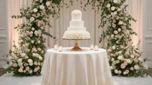 Wedding Cake Table: The Ultimate Design Guide for Unforgettable Celebration Centerpieces An elegant wedding cake table featuring a three-tier white cake on a gold pedestal, surrounded by fresh floral arrangements and softly glowing candles, set in a grand ballroom with dreamy lighting.