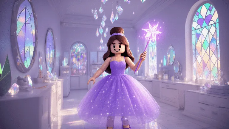 Ultimate Roblox Dress to Impress Codes: Your Complete Fashion Guide (July 2025) A stylish Roblox avatar in a lavender tulle dress with constellation patterns holds a glowing wand in a crystal-filled boutique with iridescent walls and floating mirrors, illuminated by prismatic light through stained glass windows.