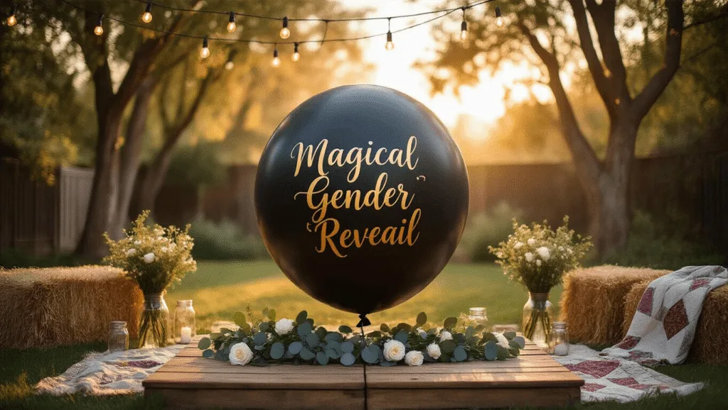 Magical Gender Reveal Balloons: The Ultimate Guide to Capturing That Perfect Moment A dreamy golden hour scene featuring a large matte black balloon with gold calligraphy, floating above a rustic wooden platform decorated with eucalyptus garlands and white roses, surrounded by twinkling string lights, mason jars with wildflowers, and vintage quilts on hay bales.