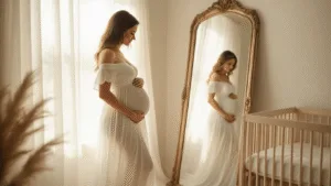 The Ultimate Guide to Picking the Perfect Gender Reveal Dress (From a Mom Who's Been There!) A pregnant woman in a flowing white maxi dress stands by a vintage mirror in a sunlit nursery, her silhouette gently illuminated as golden light streams through sheer curtains, softly highlighting her baby bump.