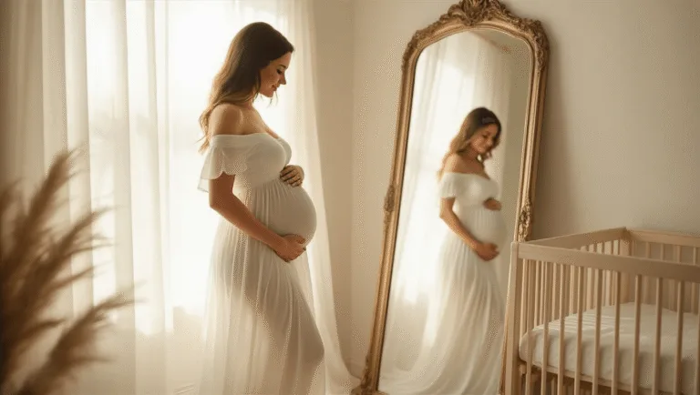 The Ultimate Guide to Picking the Perfect Gender Reveal Dress (From a Mom Who's Been There!) A pregnant woman in a flowing white maxi dress stands by a vintage mirror in a sunlit nursery, her silhouette gently illuminated as golden light streams through sheer curtains, softly highlighting her baby bump.