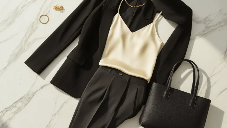 Top Model Outfits: Your Ultimate Guide to Dressing Like a Pro A minimalist wardrobe display featuring a tailored black blazer, cream silk camisole, and charcoal trousers on a white marble surface, accented by gold jewelry and a designer tote, all illuminated by soft natural light in a sunlit studio.