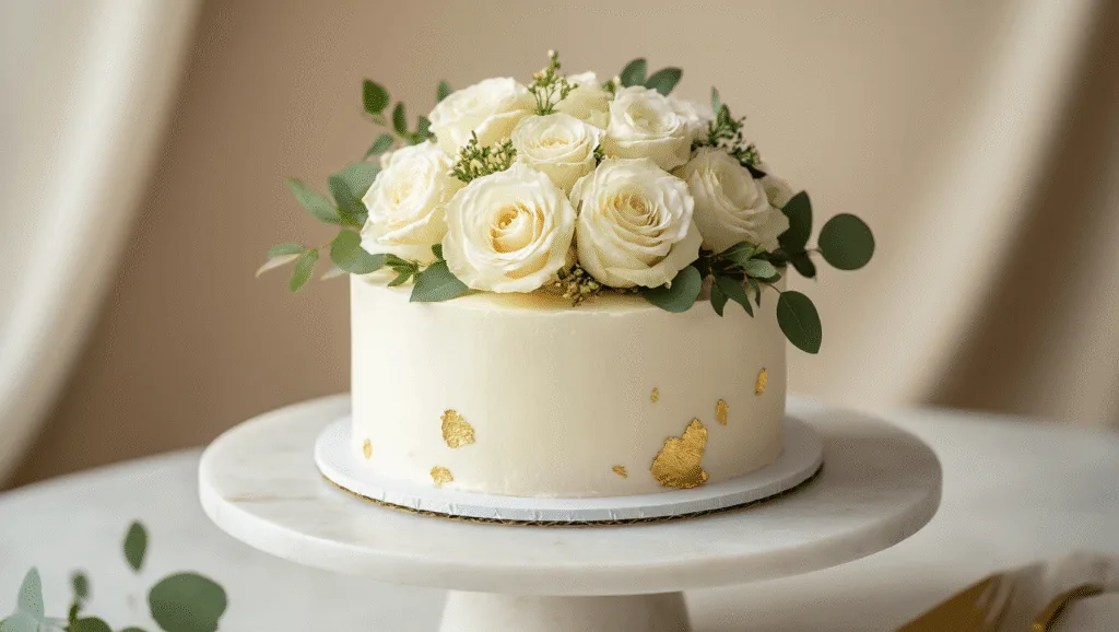 One-Tier Wedding Cake - The Perfect Minimalist Celebration Centerpiece Minimalist single-tier wedding cake with fresh white garden roses and eucalyptus, adorned with gold leaf accents, set on a white marble pedestal with soft shadows and a neutral background.