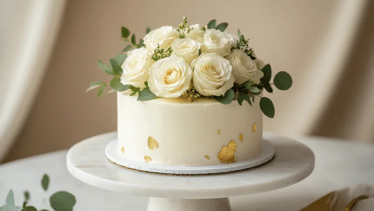 One-Tier Wedding Cake - The Perfect Minimalist Celebration Centerpiece Minimalist single-tier wedding cake with fresh white garden roses and eucalyptus, adorned with gold leaf accents, set on a white marble pedestal with soft shadows and a neutral background.