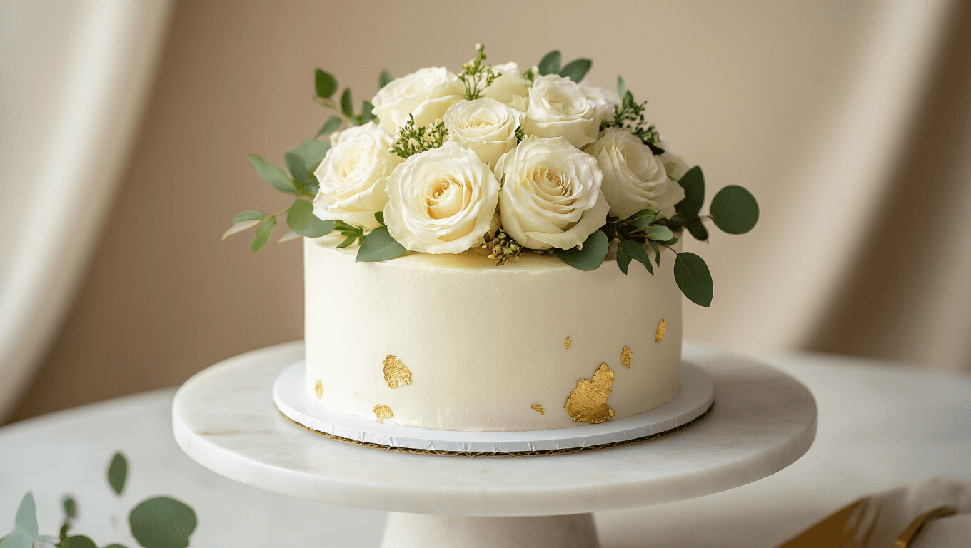 Minimalist single-tier wedding cake with fresh white garden roses and eucalyptus, adorned with gold leaf accents, set on a white marble pedestal with soft shadows and a neutral background.