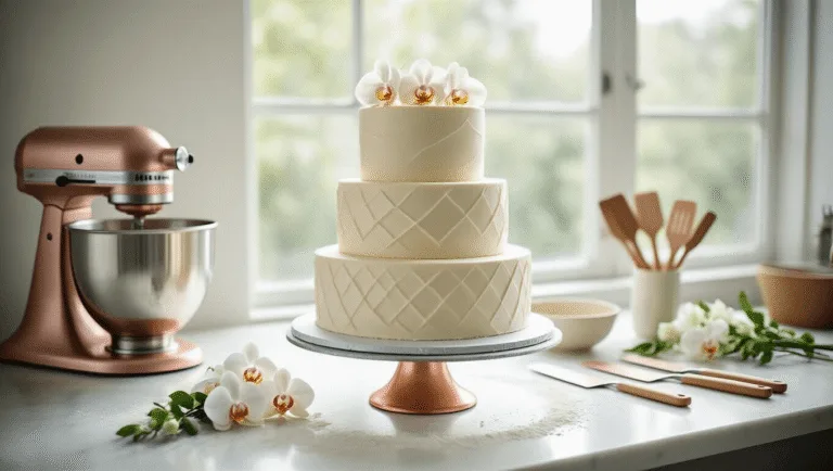 Minimalist Wedding Cake: The Ultimate Elegant Celebration Centerpiece Three-tiered wedding cake with white buttercream frosting in a professional kitchen, surrounded by baking tools and fresh orchids, illuminated by soft natural light.
