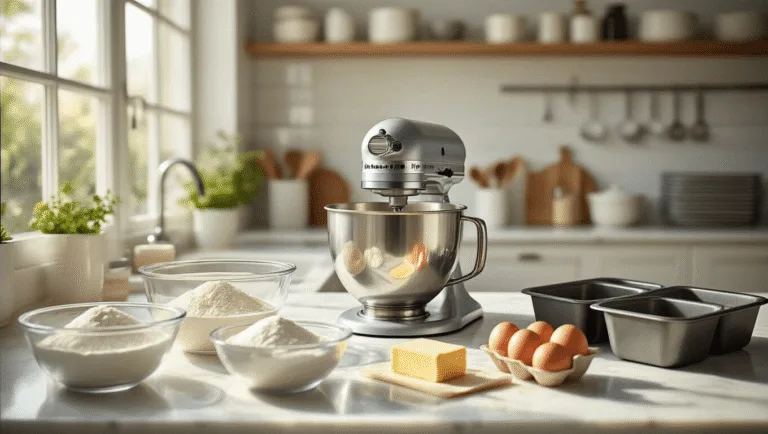 BIRTHDAY CAKE FOR MOM: THE ULTIMATE CELEBRATION GUIDE Photorealistic modern kitchen scene with sun-drenched marble countertops, featuring artfully arranged baking ingredients including flour, eggs, butter, and vanilla extract in glass bowls, a central silver KitchenAid mixer, and professional cake pans, all illuminated by natural light, creating a warm and inviting culinary atmosphere.