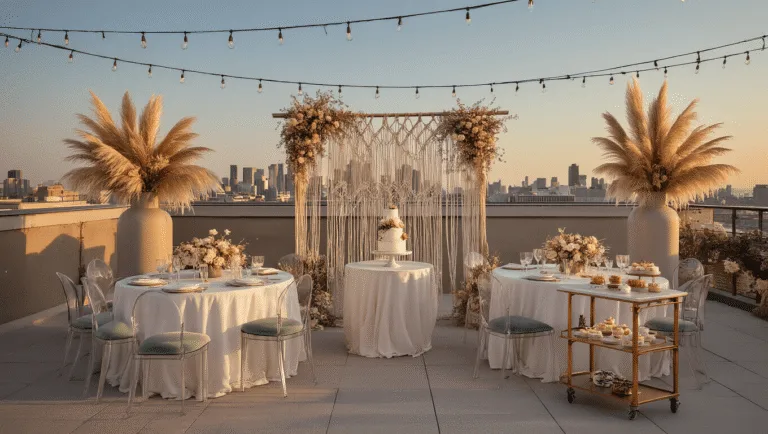 Crafting the Perfect Gender Reveal Aesthetic: A Modern Guide to Memorable Celebrations Elegant rooftop gender reveal setup at golden hour, featuring white table linens, pampas grass centerpieces, velvet cushions, macramé backdrop, fairy lights, and a marble dessert cart with a decorated naked cake, all in soft warm lighting.