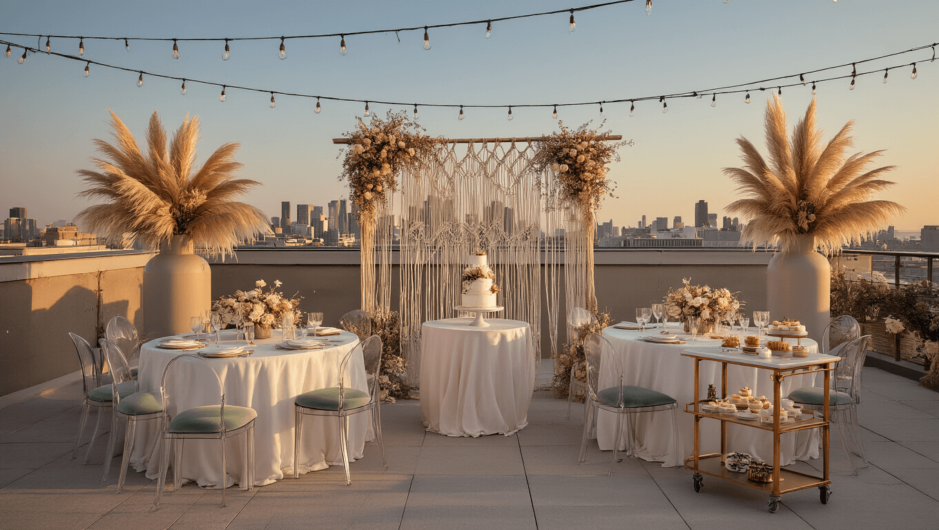 Elegant rooftop gender reveal setup at golden hour, featuring white table linens, pampas grass centerpieces, velvet cushions, macramé backdrop, fairy lights, and a marble dessert cart with a decorated naked cake, all in soft warm lighting.