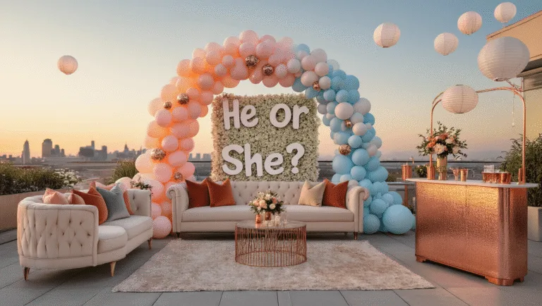 Gender Reveal Party Decorations: Creating the Perfect Celebratory Atmosphere A luxurious rooftop gender reveal party at golden hour, featuring an elaborate balloon arch in ombré pastels, modern lounge furniture, a floral backdrop spelling "He or She?", a mom-osa bar, and ambient lighting, with a glittering city skyline in the background.