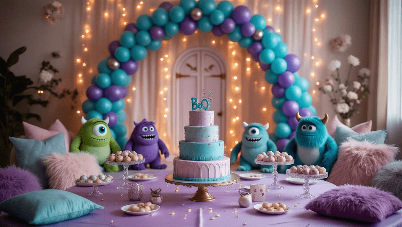 A whimsical Monsters Inc. themed birthday party setup featuring a teal and purple balloon arch, plush monster toys, a centerpiece cake designed like Boo's door, glittery cake pops, and decorative elements with soft ambient lighting.