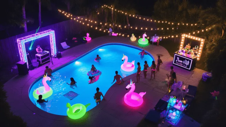 Ultimate Neon Pool Party Guide: How to Throw a Glowing Bash That Sizzles! Aerial view of a vibrant neon pool party at night, featuring glowing blue water, guests in neon swimwear, a DJ booth with laser lights, floating inflatables, and a striking photo booth, all captured in cinematic 8K HD with an ethereal atmosphere and light trails.