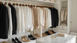 How to Master Your "Dress to Impress" Style: A Real Girl's to Chic Fashion A bright and minimalist walk-in closet with high-end neutral clothing, featuring white button-downs, beige silk blouses, and black blazers on brass hangers, designer shoes at the bottom, and gold jewelry on a marble island, all illuminated by soft, natural light.