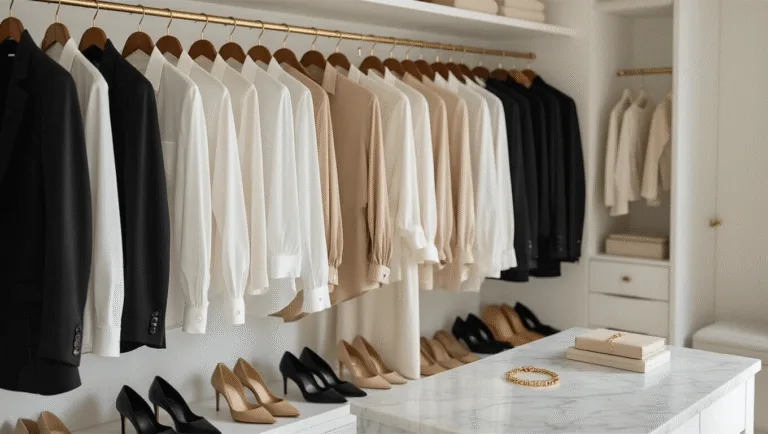 How to Master Your "Dress to Impress" Style: A Real Girl's to Chic Fashion A bright and minimalist walk-in closet with high-end neutral clothing, featuring white button-downs, beige silk blouses, and black blazers on brass hangers, designer shoes at the bottom, and gold jewelry on a marble island, all illuminated by soft, natural light.