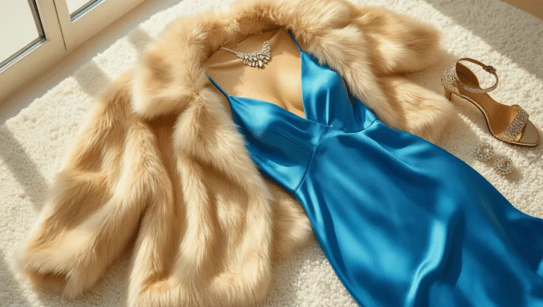 How to Rock Your New Year's Eve Look: Your Ultimate Style Guide for 2024 High-angle flatlay of an electric blue silk dress, champagne faux fur coat, crystal drop earrings, and metallic heels on a white carpet, illuminated by golden hour light in a minimalist setting.