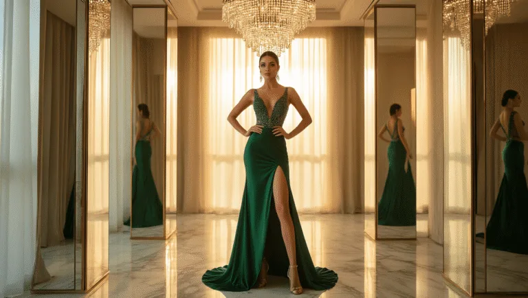 Miss Universe Glam: Your Ultimate Guide to Show-Stopping Pageant Style A glamorous pageant model in an emerald silk gown with a thigh-high slit poses in a luxurious fitting room, illuminated by warm LED lighting and a crystal chandelier, with golden hour light accentuating her gown's beadwork against polished marble floors.