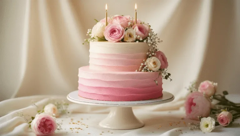 Pretty in Pink: The Ultimate Birthday Cake Recipe A photorealistic three-tiered pink ombré birthday cake adorned with fresh flowers and gold accents, displayed on an antique cake stand against a soft cream backdrop, showcasing natural lighting and rich textures.
