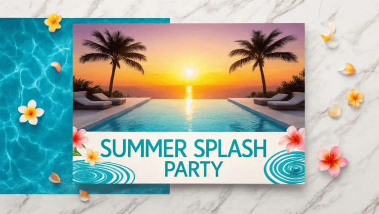 Ultimate Guide to Creating the Perfect Pool Party Flyer: Make a Splash with Your Design! A vibrant pool party flyer design on a white marble surface, featuring a luxurious rooftop infinity pool at sunset, with stylish typography and decorative tropical elements, surrounded by design tools and soft natural lighting.
