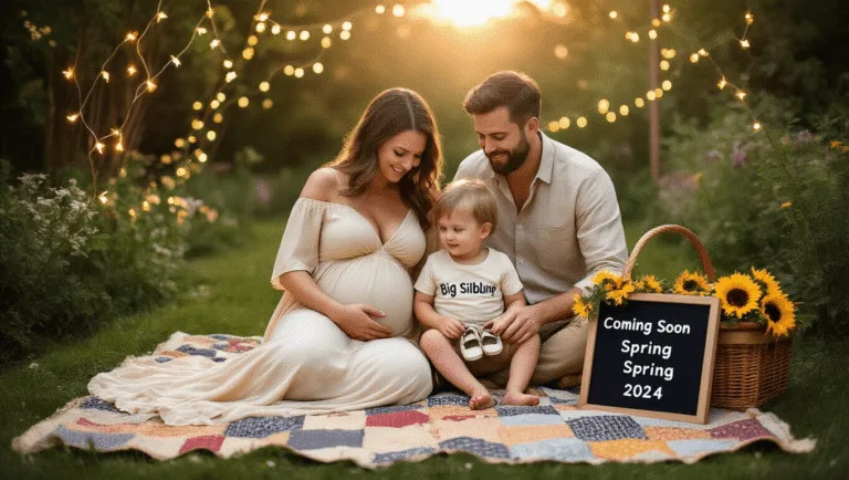 Capturing Joy: The Ultimate Guide to Second Pregnancy Announcements A family portrait during golden hour featuring a mother cradling her baby bump in a cream dress, a father in a linen shirt, and a toddler in a "Big Sibling" t-shirt holding baby shoes, set on a vintage quilt in a sun-dappled garden with fairy lights, a picnic basket, and a sign reading "Coming Soon - Spring 2024."