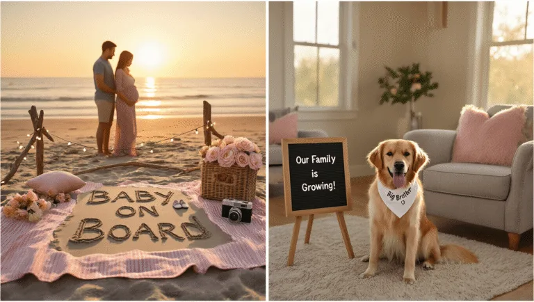 Unforgettable Pregnancy Announcements: 25 Creative Ways to Share Your Exciting News A dreamy cinematic collage showcasing four heartfelt pregnancy announcement scenes, including a golden hour beach silhouette, a cozy living room with a dog, a rustic barn Thanksgiving table, and a twilight rooftop gathering, all styled with warm lighting and sentimental details.