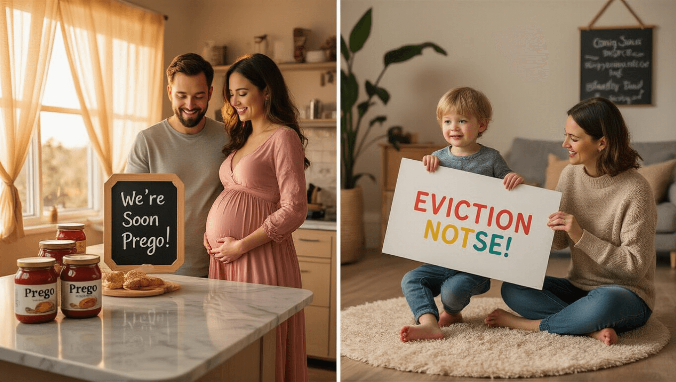 A vibrant lifestyle photography collection showcasing five unique pregnancy announcement scenes in warm, natural lighting, featuring couples and families in intimate settings with playful props and heartfelt messages.