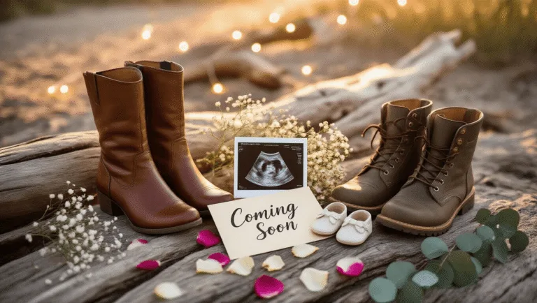 Cute Pregnancy Announcement: Creative Ways to Share Your Joyful News A cinematic golden-hour photo of three pairs of shoes—elegant women's leather boots, rugged men's boots, and tiny white baby shoes—arranged on weathered driftwood with long shadows. A vintage Polaroid ultrasound photo, a "Coming Soon" card in calligraphy, and scattered rose petals accompany the scene, enhanced by delicate sprigs of baby's breath and eucalyptus in warm cream, dusty rose, and sage green tones.