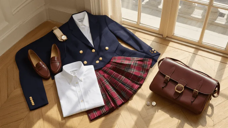 10 Must-Know Tips for Nailing the Perfect Preppy Outfit Flat lay of preppy fashion essentials including a white button-down shirt, navy blazer, burgundy plaid skirt, and penny loafers on a herringbone floor, illuminated by sunlight, with accessories like a leather satchel and pearl earrings.