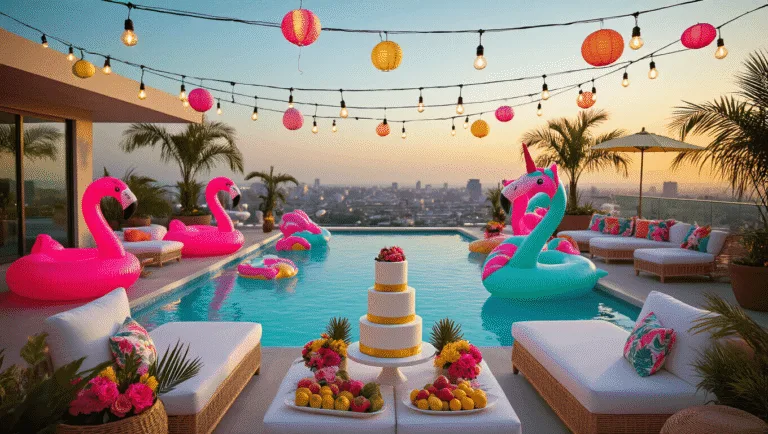 Como Criar uma Pool Party de 15 Anos Incrível e Instagramável A vibrant rooftop pool party at sunset featuring an infinity pool with neon flamingo and unicorn floats, elegant lounge furniture, and a beautifully arranged dessert table, all surrounded by palm trees and city skyline.