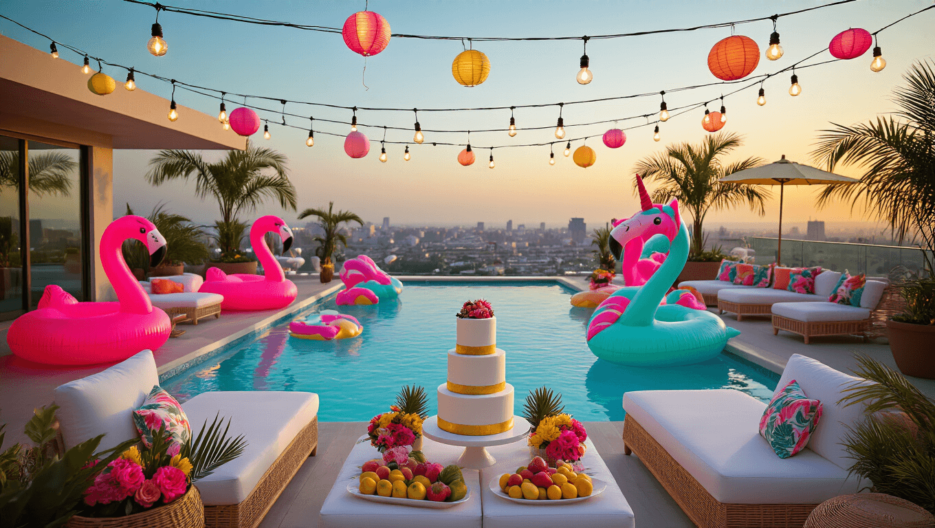 A vibrant rooftop pool party at sunset featuring an infinity pool with neon flamingo and unicorn floats, elegant lounge furniture, and a beautifully arranged dessert table, all surrounded by palm trees and city skyline.