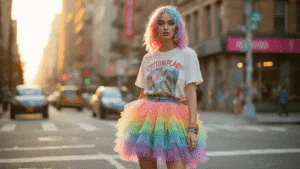 CRAZY DAY OUTFITS: HOW TO DRESS TO IMPRESS AND STAND OUT FROM THE CROWD A fashionable model in a layered rainbow tulle skirt, distressed denim, and an oversized vintage band t-shirt, standing at an urban street corner during golden hour. She wears holographic platform sneakers, has pastel cotton candy-colored hair, and accessorizes with mismatched earrings and colorful bangles, all against a blurred city backdrop.
