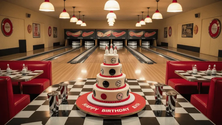 Bowling Birthday Party: The Ultimate Guide to a Strike-tastic Celebration A vibrant 1950s bowling alley birthday celebration scene featuring polished wooden lanes, retro booths, and a three-tiered birthday cake with fondant bowling decorations, surrounded by guests in period attire, vintage neon signs, and festive balloon arrangements.
