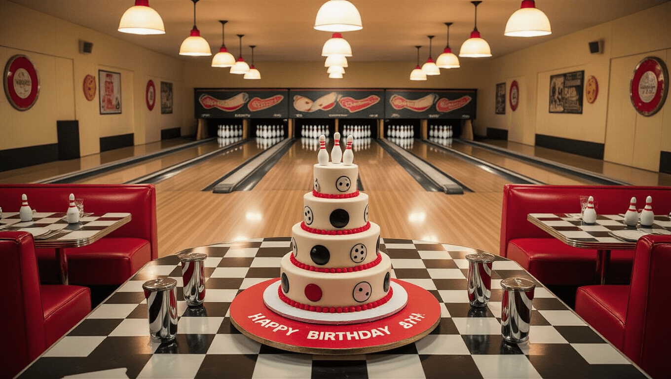 A vibrant 1950s bowling alley birthday celebration scene featuring polished wooden lanes, retro booths, and a three-tiered birthday cake with fondant bowling decorations, surrounded by guests in period attire, vintage neon signs, and festive balloon arrangements.