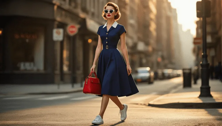 Rock Your Retro: A Real Girl's Guide to Vintage-Inspired Fashion A young woman in a 1950s-inspired navy blue dress and cat-eye sunglasses confidently walks on an urban street during golden hour, carrying a red handbag and wearing modern white sneakers, with victory rolls in her hair and bright red lipstick.