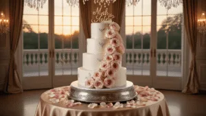 Love Anniversary Cake: Your Ultimate Guide to Creating a Memorable Celebration A luxurious three-tiered anniversary cake with silver details and blush pink roses, set on a vintage silver cake stand in an elegant ballroom adorned with soft sunset light and romantic decorations.