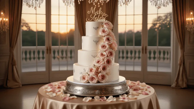 Love Anniversary Cake: Your Ultimate Guide to Creating a Memorable Celebration A luxurious three-tiered anniversary cake with silver details and blush pink roses, set on a vintage silver cake stand in an elegant ballroom adorned with soft sunset light and romantic decorations.