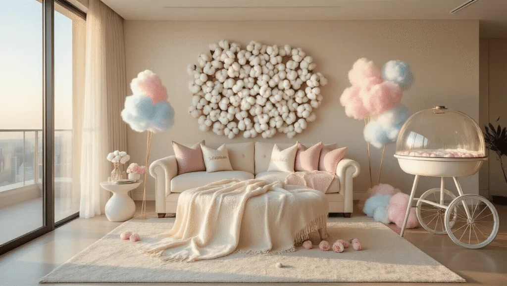 2-Year Anniversary Gifts for Him: Celebrating Love with Cotton Comfort A luxurious modern apartment interior during golden hour featuring a cotton-themed anniversary celebration, with a monogrammed cotton blanket on a cream sofa, pastel cotton candy machine, and a wall of white cotton bolls illuminated by fairy lights.