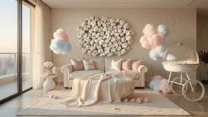 2-Year Anniversary Gifts for Him: Celebrating Love with Cotton Comfort A luxurious modern apartment interior during golden hour featuring a cotton-themed anniversary celebration, with a monogrammed cotton blanket on a cream sofa, pastel cotton candy machine, and a wall of white cotton bolls illuminated by fairy lights.