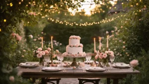 Anniversary Wishes for Your Husband: Heartfelt Messages to Celebrate Your Love A romantic anniversary dinner in a garden at golden hour, featuring a rustic wooden table adorned with blush roses, vintage china, crystal glasses, and a three-tiered wedding cake, illuminated by string lights and flickering candles, set against lush greenery.