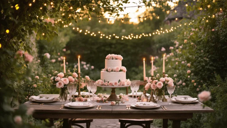 Anniversary Wishes for Your Husband: Heartfelt Messages to Celebrate Your Love A romantic anniversary dinner in a garden at golden hour, featuring a rustic wooden table adorned with blush roses, vintage china, crystal glasses, and a three-tiered wedding cake, illuminated by string lights and flickering candles, set against lush greenery.