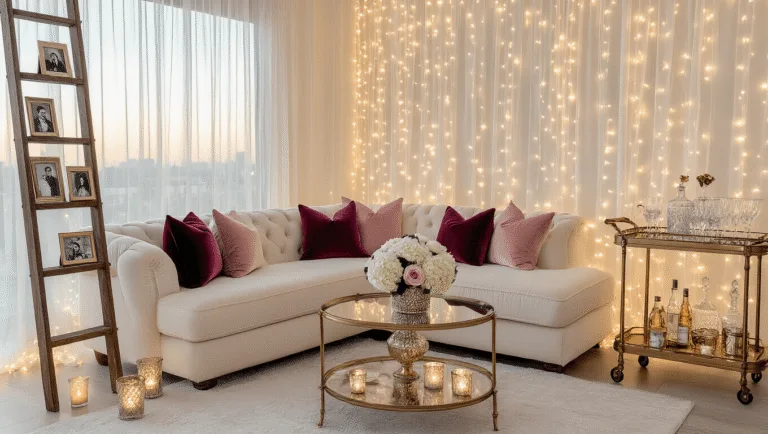 Unforgettable Anniversary Decoration Ideas: Transform Your Space into a Romantic Haven A luxurious living room bathed in golden hour light, featuring a cream sectional sofa with plush pillows, cascading fairy lights, a vintage ladder with couple photos, an elegant bar cart, and beautiful floral arrangements, highlighted by a romantic neon sign.