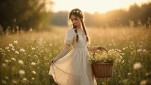 How to Rock a Cottagecore Outfit: Your Complete Guide to Dreamy, Nature-Inspired Style A young woman in a cream linen midi dress twirls in a sunlit meadow, surrounded by wildflowers, with golden hour lighting and a warm, dreamy atmosphere. Her hair features loose braids adorned with daisies, and a vintage woven basket filled with wildflowers sits nearby, in a soft, muted color palette.