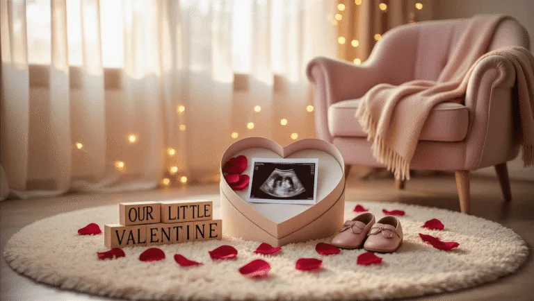The Ultimate Guide to a Memorable Valentine's Day Pregnancy Announcement A romantic pregnancy announcement scene featuring an ultrasound photo in a heart-shaped box, surrounded by rose petals and vintage wooden letter blocks, all set in a sunlit living room with a cream rug and cozy blush armchair. Heart balloons and tiny baby shoes add to the warm atmosphere, enhanced by soft natural lighting and string lights.