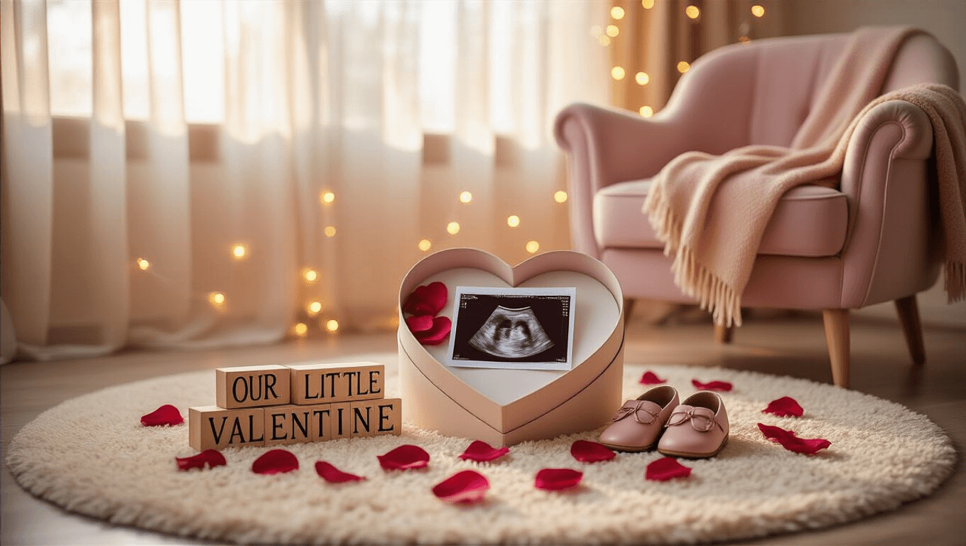 A romantic pregnancy announcement scene featuring an ultrasound photo in a heart-shaped box, surrounded by rose petals and vintage wooden letter blocks, all set in a sunlit living room with a cream rug and cozy blush armchair. Heart balloons and tiny baby shoes add to the warm atmosphere, enhanced by soft natural lighting and string lights.
